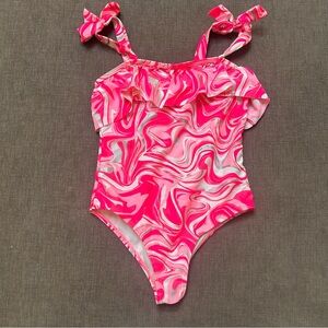 Tommy Bahama girls 6 pink and silver swirl ruffle one piece
